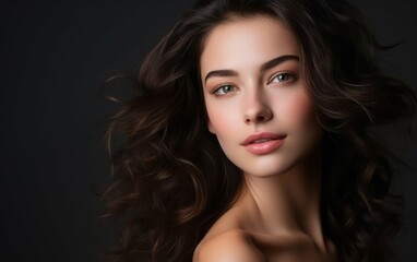 A portrait of a woman with long, dark, curly hair and beautiful skin. Her green eyes are looking directly at the camera