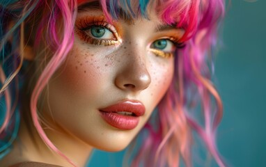 Naklejka premium A close-up portrait of a woman with bright pink and blue hair, bold makeup, and freckles
