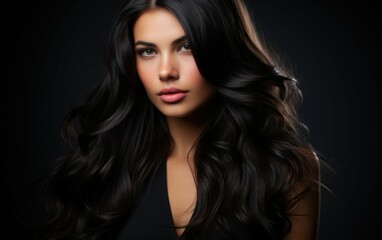Fototapeta premium A beautiful woman with long, black, healthy hair poses against a dark background