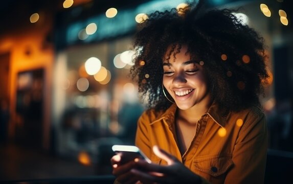 A young African American woman with curly hair smiles while using her smartphone in an urban setting at night