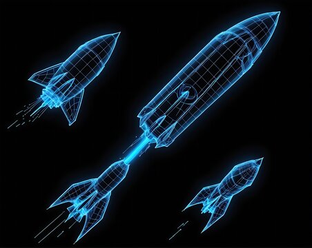 space rocket hologram. abstract blue wireframe space rocket on black background.