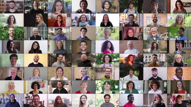 A multiscreen display featuring 64 happy and smiling faces from different ages and ethnicities. The visual captures the essence of joy and diversity, creating an uplifting and positive atmosphere.