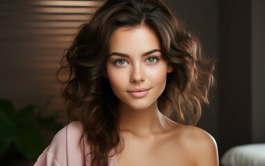 Naklejka premium A beautiful young woman with clean, fresh skin and wavy brown hair smiles at the camera while wearing a pink robe
