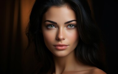 Obraz premium A close-up portrait of a young woman with long black hair and bright green eyes. Her skin is smooth and flawless, and she is looking directly at the camera with a serene expression