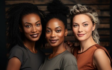 Obraz premium A close-up photo of three diverse women standing side-by-side, smiling at the camera, with a wooden wall in the background