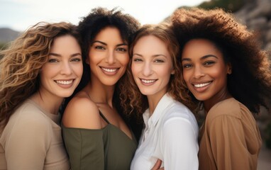 Obraz premium Four diverse women pose in front of foliage, smiling and making eye contact with the camera on a sunny day
