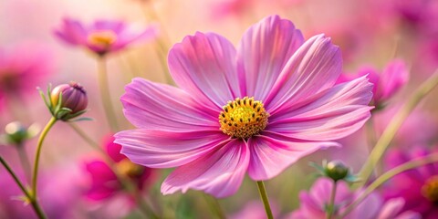 Obraz premium Softly swaying cosmos flower blooms in vibrant pink hue, delicate petals unfolding like tissue paper, intricate details revealed in extreme macro close-up perspective.