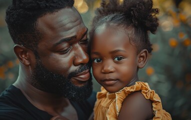 A black father and his young daughter share a tender moment outdoors, with the father looking down at his child lovingly