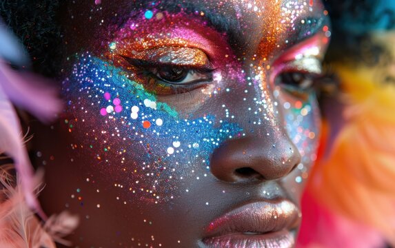 A close-up portrait of a Black drag queen with glitter makeup on their face