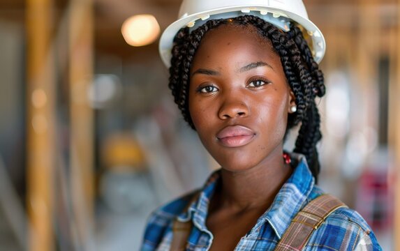 A young woman wearing a hard hat and plaid shirt stands inside a construction site