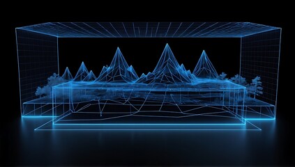 3D mountain hologram. abstract blue wireframe mountain on black background.