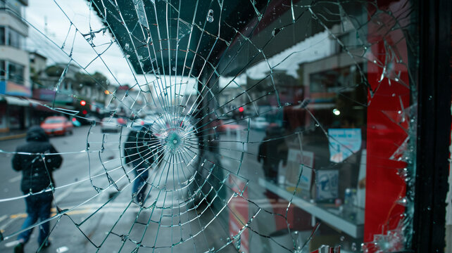 Broken glass of a store window, hooligans broke the glass, close-up, AI