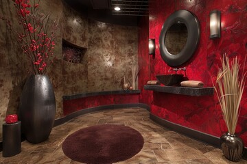 A luxurious bathroom with red walls and a circular mirror