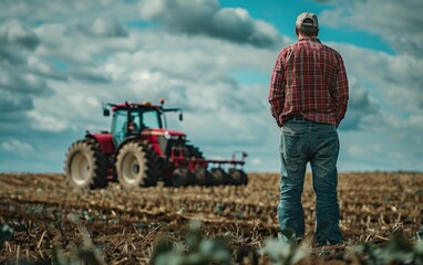 Obraz premium A farmer in a plaid shirt and jeans stands in a field with a tractor in the background. The sky is cloudy and the ground is tilled