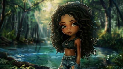 a beautiful curvy American chibi female in a casual outfit in a forest setting, a lush forest ,a serene river ,showcasing playful sophistication
