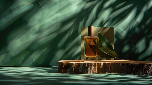 Male cologne bottle on podium with wood piece and green craft paper background concept for men s fragrance