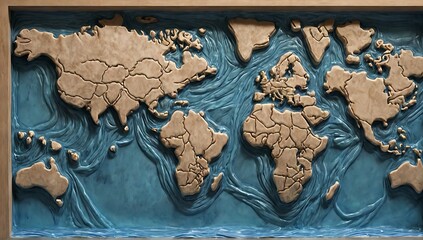 miniature world map made of carved stone on a flat surface.