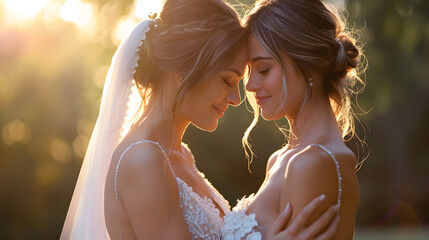 Happy lesbian brides in white dresses. Generative by AI