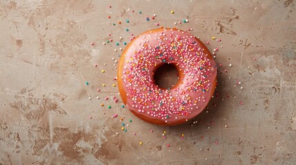 Delicious sugary doughnut with glaze on brown background top view flat lay dessert concept