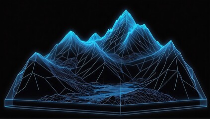 3D mountain hologram. abstract blue wireframe mountain on black background.