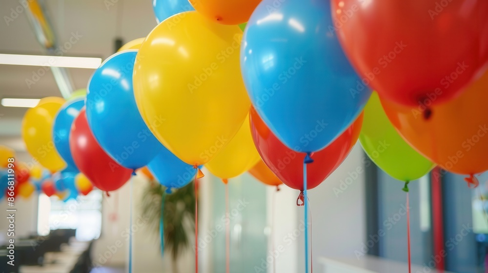 Poster a row of colorful balloons hangs from the ceiling in an office setting, likely for a special event o