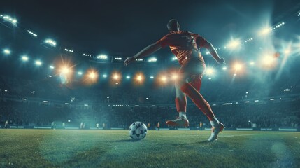 A soccer player runs with the ball on a field illuminated by stadium lights during a nighttime match