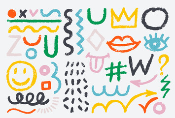 Brush drawn various abstract shapes, thick lines set. Curved geometric thick brush, squares, dots. Grunge colored circles, style graffiti eps shapes. Colorful bold vector with geometric figures.