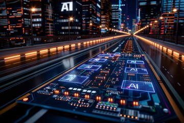 Fototapeta premium AI data highway with glowing elements, digital transformation, tech innovation, artificial intelligence, advanced computing, high tech, cybernetics, smart solutions, futuristic