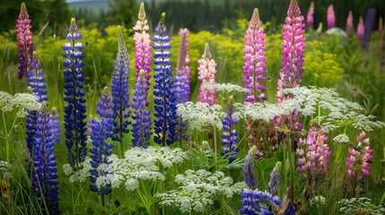 Obraz premium Meadow adorned with purple and pink lupin and queen anne s lace flowers