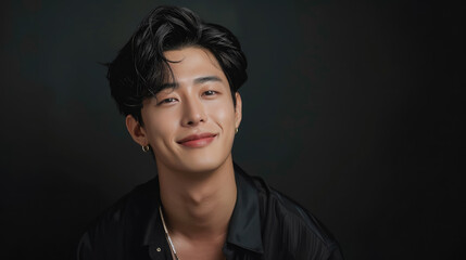 handsome korean young man on black background, guy, boy, model, k-pop, asian, male, japanese, chinese, style, fashion, beauty, studio, head, portrait, face, person, people, self care, healthy skin