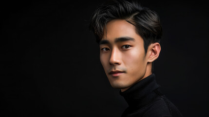 Naklejka premium handsome korean young man on black background, guy, boy, model, k-pop, asian, male, japanese, chinese, style, fashion, beauty, studio, head, portrait, face, person, people, self care, healthy skin