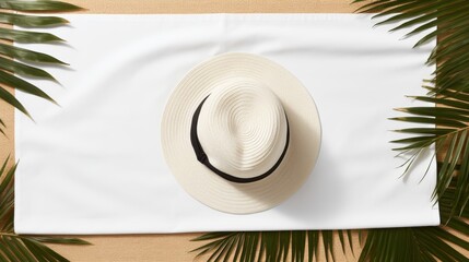 White beach towel mockup in flat lay top view style on white background for presentation
