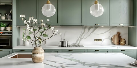 Vintage green kitchen with white marble counter and light gray cabinets. Concept Vintage Decor, Green Kitchen, White Marble, Light Gray Cabinets, Interior Design