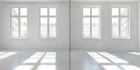 Fototapeta premium Comparison of old apartment and renovated residence with spacious windows and heating. Concept Home Renovation, Apartment Upgrade, Window Features, Heating Systems, Before and After