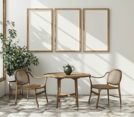 Interior of a modern living room with a round table and three chairs. AI.