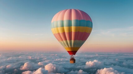 Fototapeta premium Hot air balloon ride above the clouds at sunset. AI.