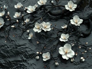 White magnolia flowers in bloom against a dark background. AI.
