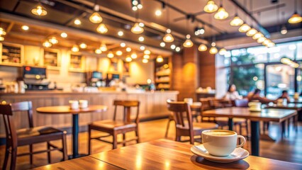 Soft focus coffee shop interior with warm lighting, blurred background, and crisp details of wooden tables, chairs, and coffee cups in a shallow depth of field.
