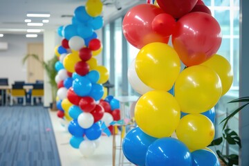 A cheerful office space decorated with balloons in corporate colors. Generative AI