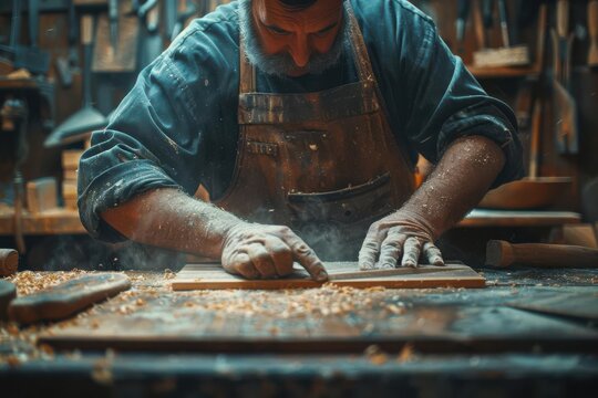 A carpenter works on a piece of wood in his workshop, sawdust flying around him
