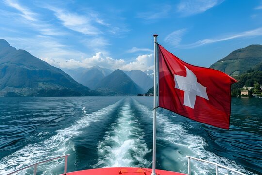 Waving red Swiss flag on the mast of a ship. Boat trip or cruise on lake in Switzerland. Swiss National Day. Travel, vacation and tourism concept - Powered by Adobe