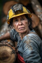 Fototapeta premium An elderly woman of Latin American origin in a yellow helmet and a special uniform working as a lumberjack leaned on logs