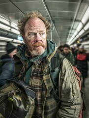 Fototapeta premium Portrait of a man with a beard and a plaid shirt looking to the side while commuting on a subway train. AI.