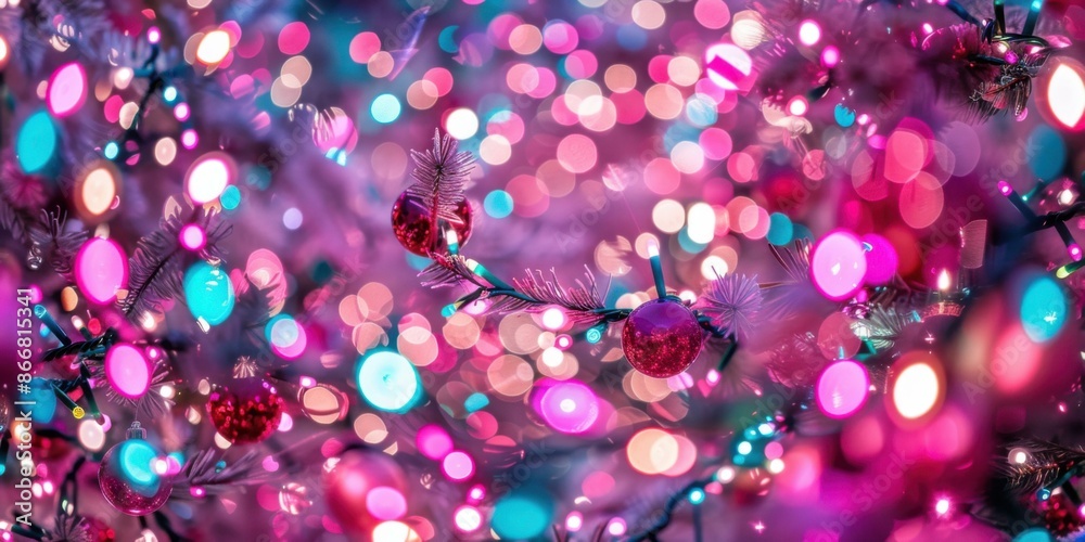 Canvas Prints Pink and blue bokeh lights on a Christmas tree. AI.