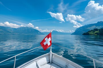 Waving red Swiss flag on the mast of a ship. Boat trip or cruise on lake in Switzerland. Swiss National Day. Travel, vacation and tourism concept