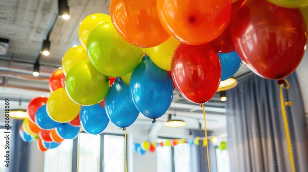 Poster Balloons in various colors hang from the ceiling in an office space, creating a festive atmosphere for a company event. Generative AI
