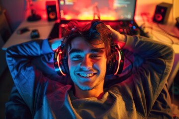 Smiling young man wearing headphones enjoying gaming at home.