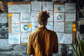 A man in a yellow shirt stands in front of a corkboard covered in charts and graphs, analyzing data.