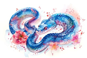 Fototapeta premium Blue snake watercolor illustration for 2025 Chinese Lunar New Year. Holiday background.