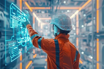 Engineer in orange suit interacts with futuristic hologram in se